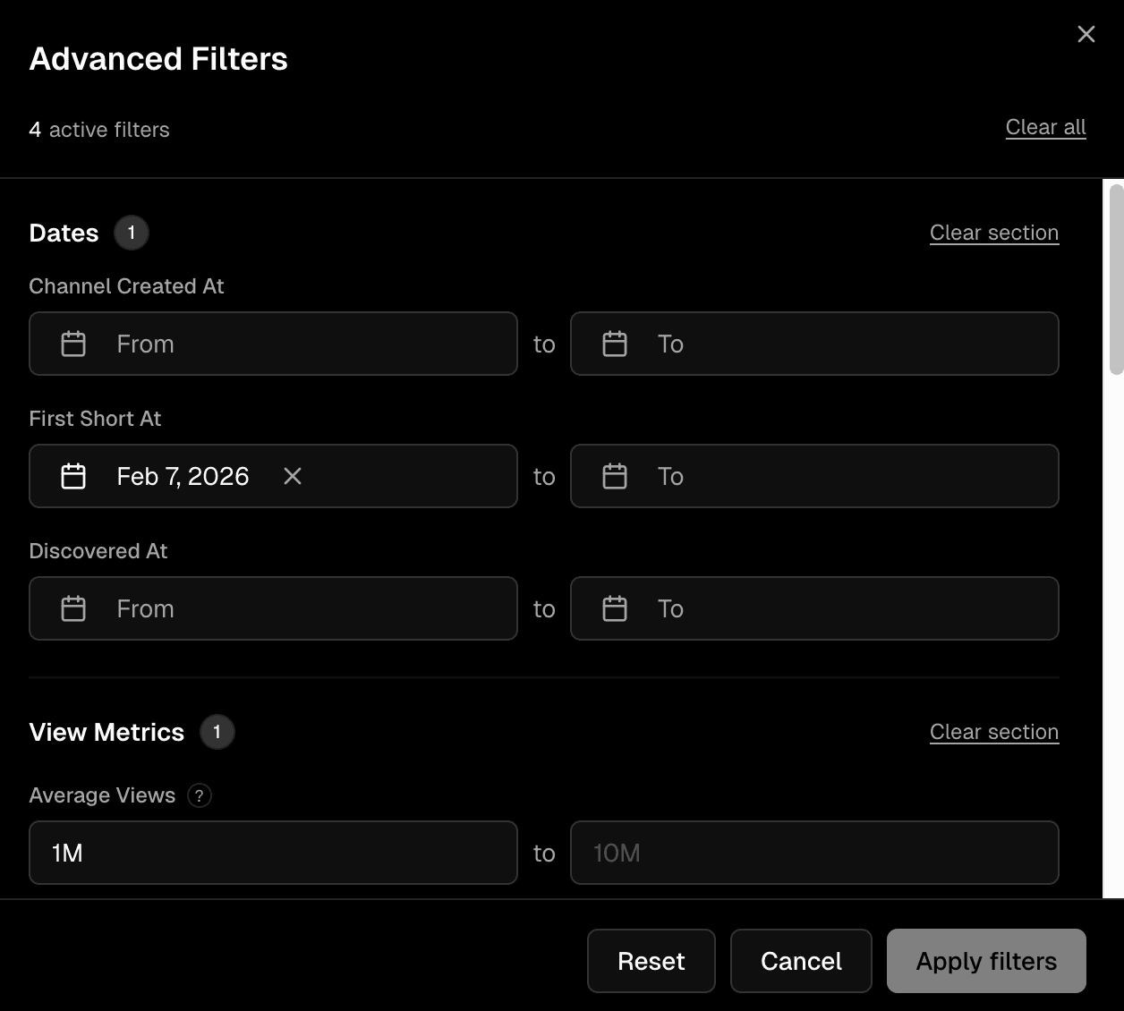 Advanced filters dialog with date ranges, view counts, and subscriber metrics